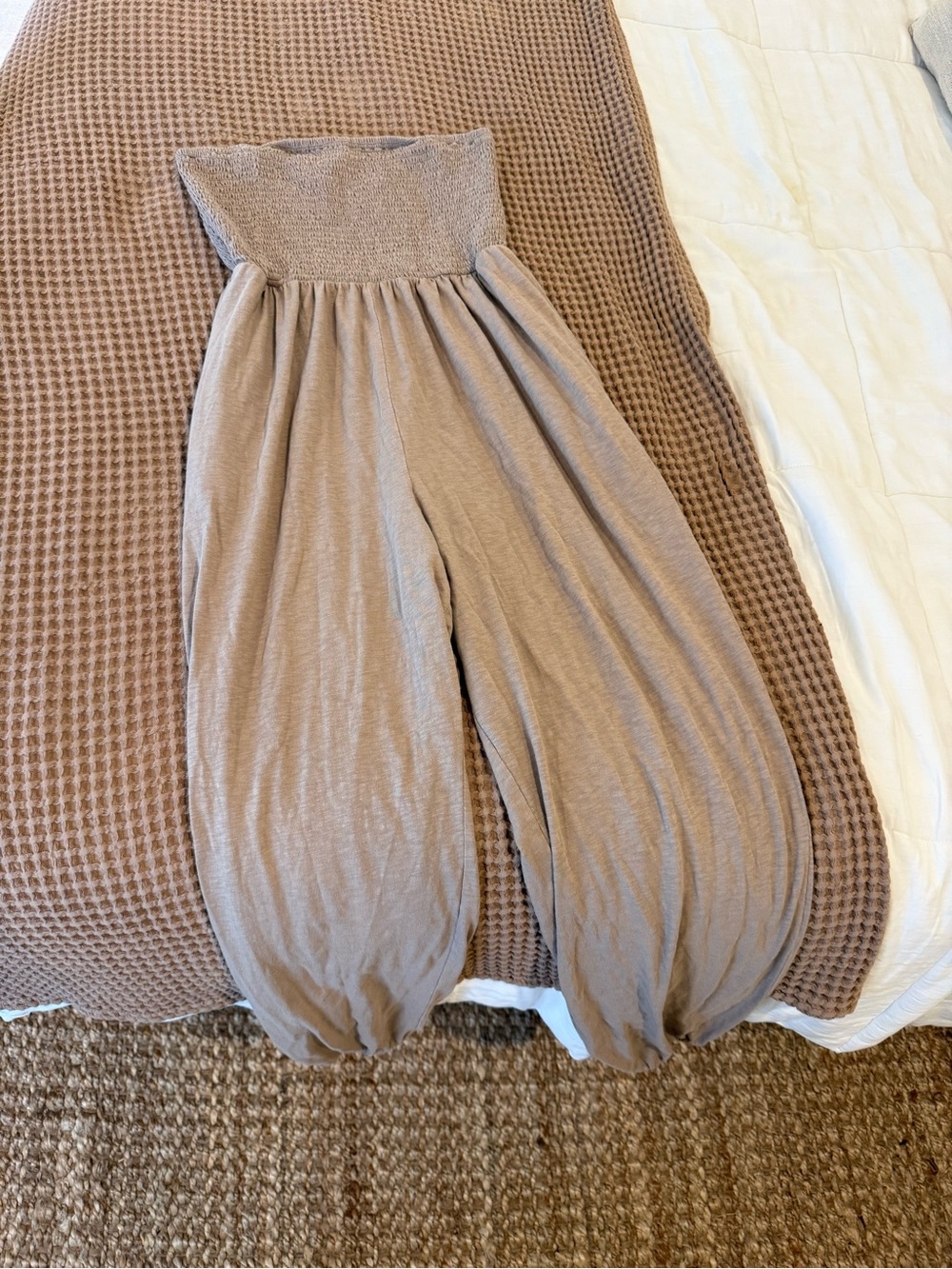 Smocked Waist Harem Pant Jumpsuit in Taupe